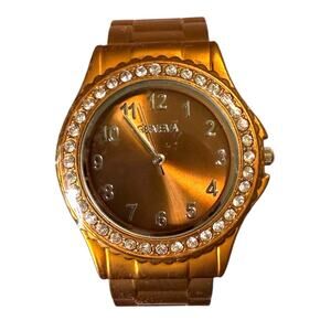 Geneva Rhinestone Encrusted Bezel Orange Clamper Bracelet Quartz Watch RUNS